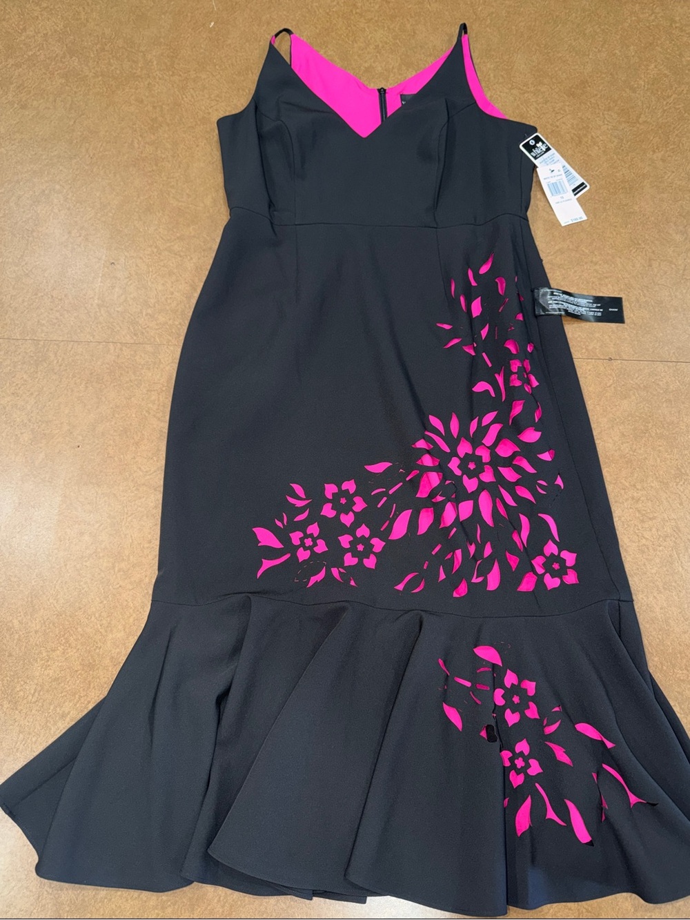 NWT• White Tie by Shani • Black Midi Dress with Hot Pink Floral Cutouts• Size 10